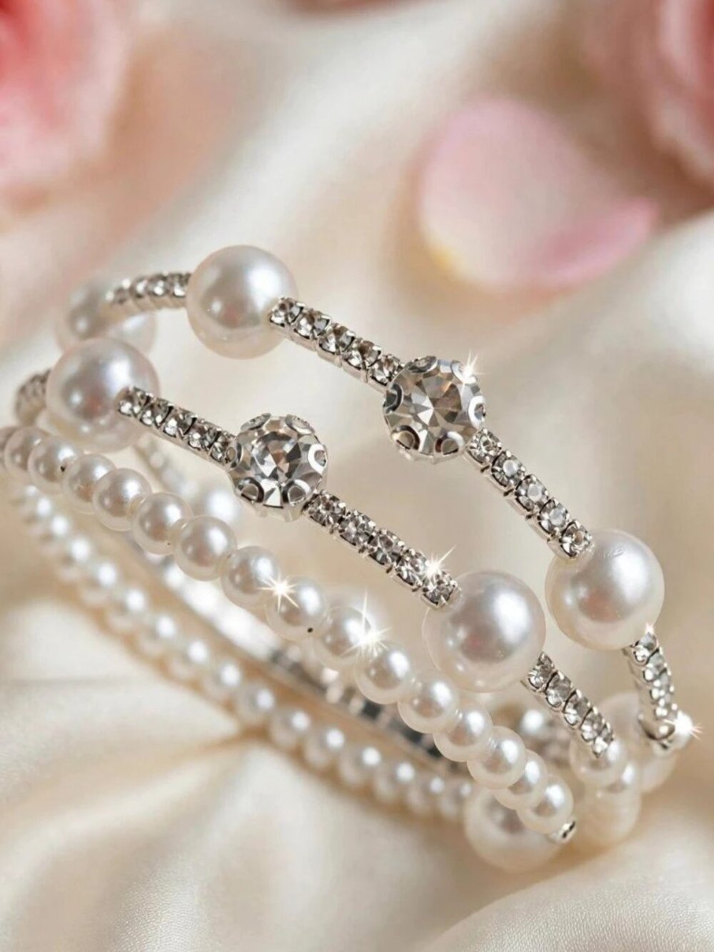 Pearl Rhinestone Multi Strand Bracelet Silver Crystal Wrap Bridal Coquette